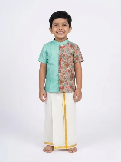 Turquoise Blue Kalamkari Kurta Shirt & Vesti Set